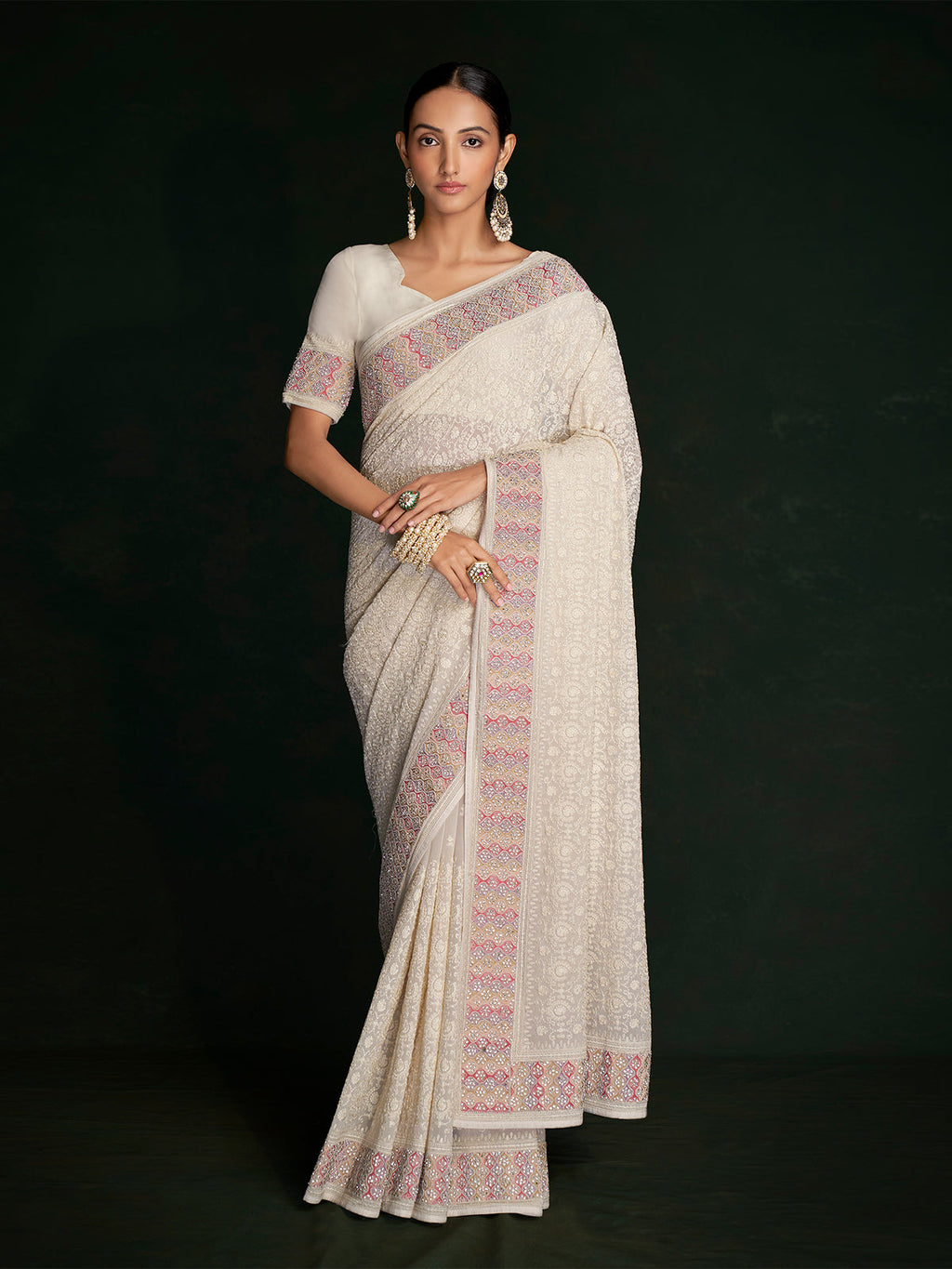 Modern White Georgette Embroidered Saree With Unstitched Blouse Clothsvilla
