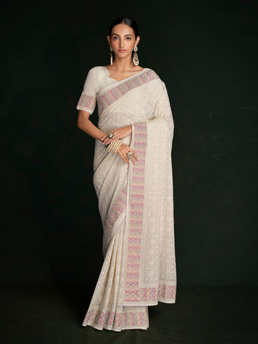 Modern White Georgette Embroidered Saree With Unstitched Blouse Clothsvilla