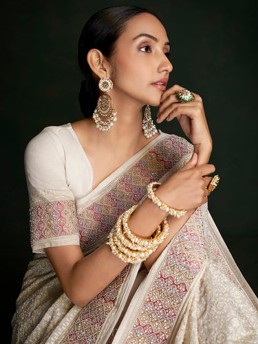 Modern White Georgette Embroidered Saree With Unstitched Blouse Clothsvilla