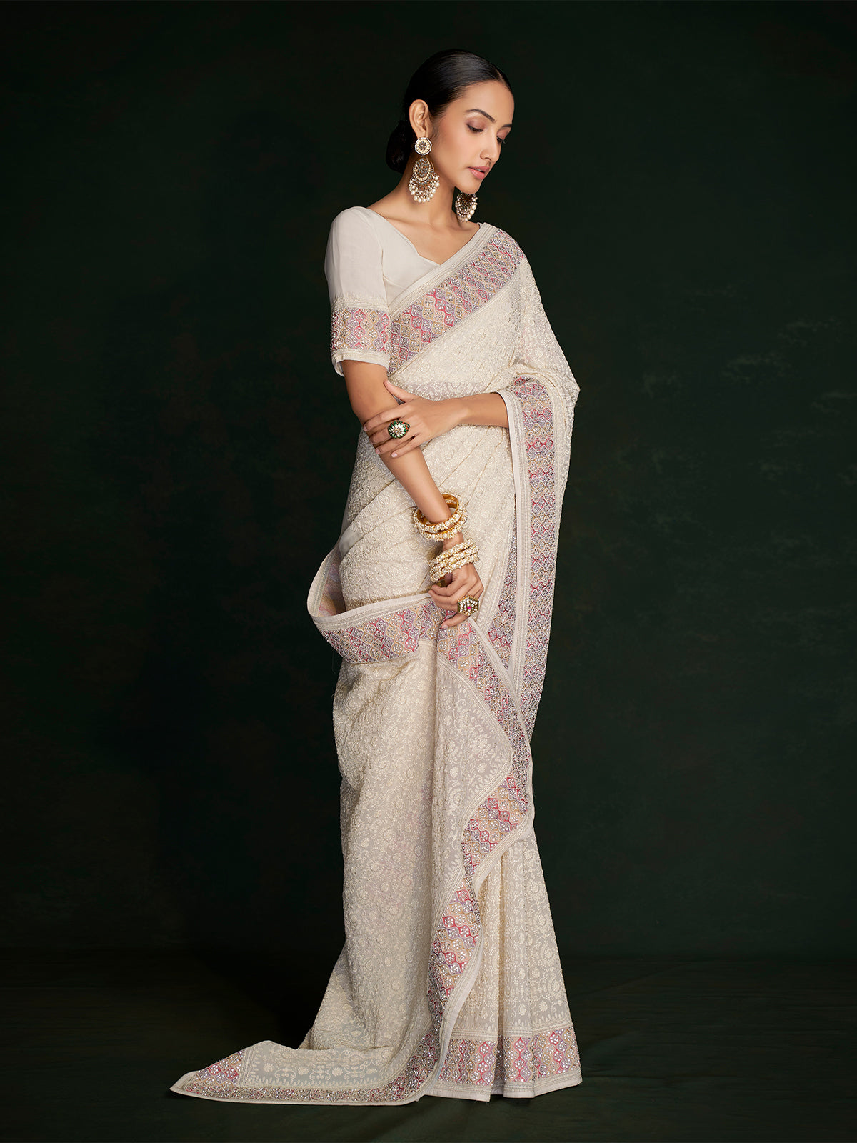 Modern White Georgette Embroidered Saree With Unstitched Blouse Clothsvilla