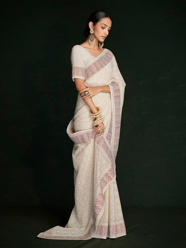 Modern White Georgette Embroidered Saree With Unstitched Blouse Clothsvilla