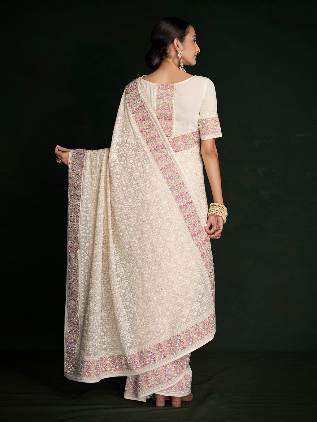Modern White Georgette Embroidered Saree With Unstitched Blouse Clothsvilla