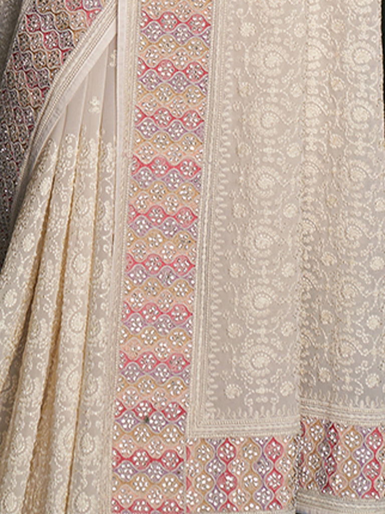 Modern White Georgette Embroidered Saree With Unstitched Blouse Clothsvilla