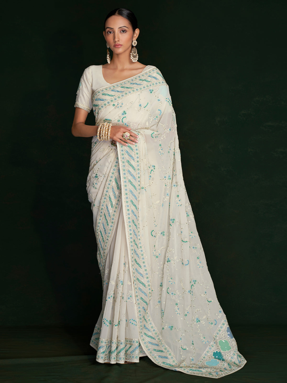 Classic White Georgette Embroidered Saree With Unstitched Blouse Clothsvilla
