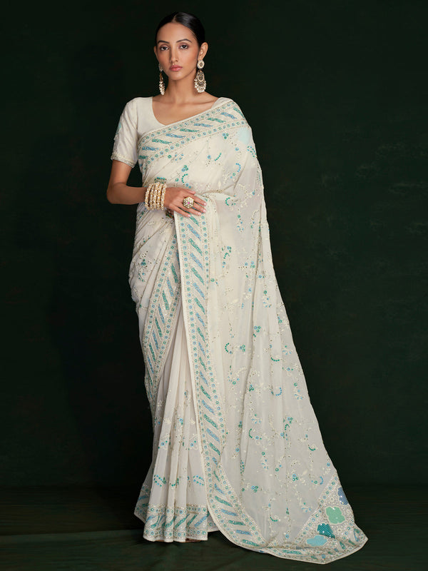 Classic White Georgette Embroidered Saree With Unstitched Blouse Clothsvilla