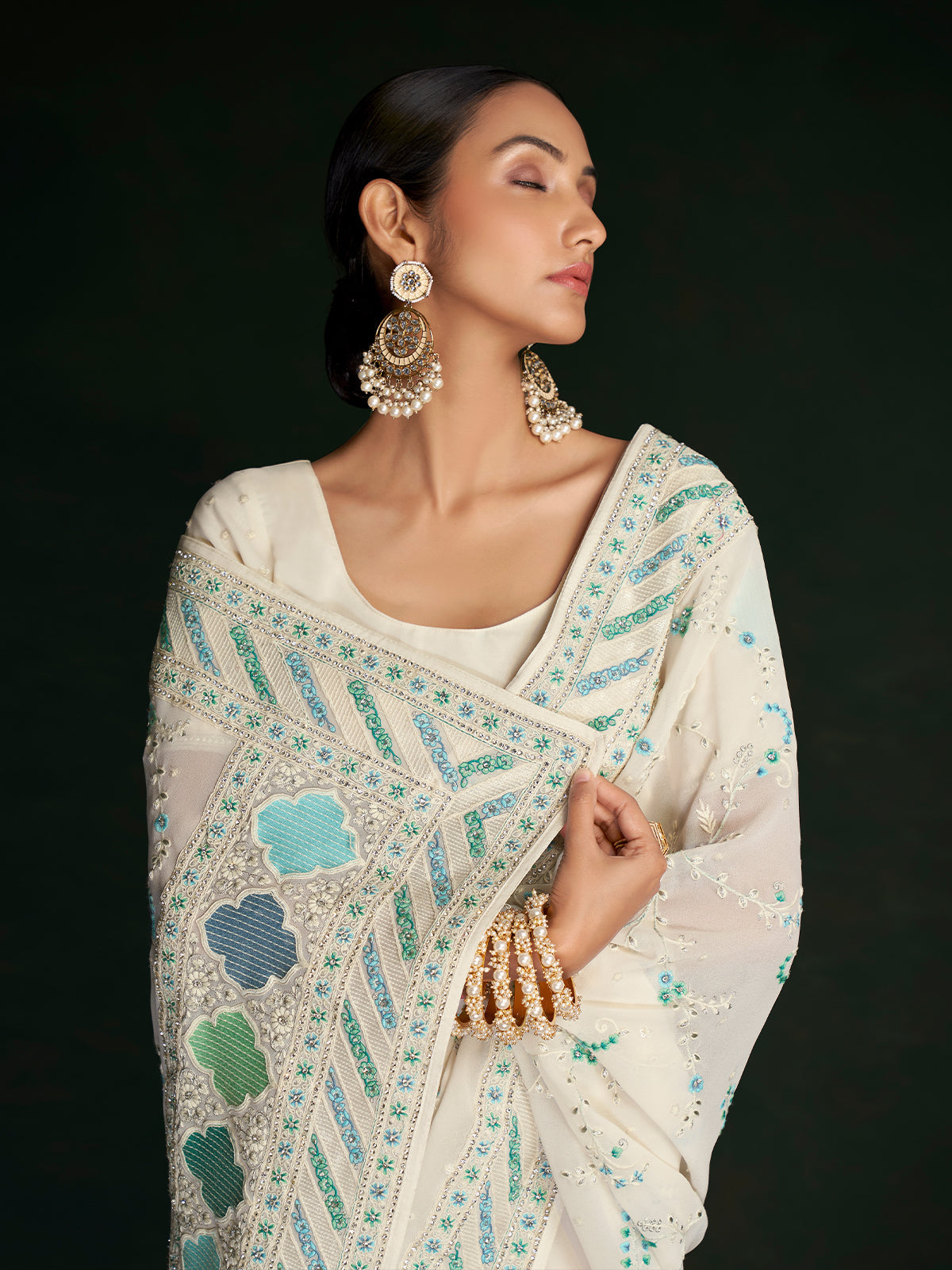 Classic White Georgette Embroidered Saree With Unstitched Blouse Clothsvilla
