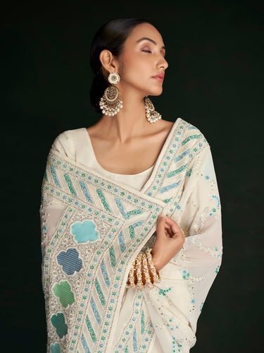 Classic White Georgette Embroidered Saree With Unstitched Blouse Clothsvilla