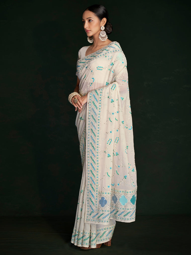 Classic White Georgette Embroidered Saree With Unstitched Blouse Clothsvilla