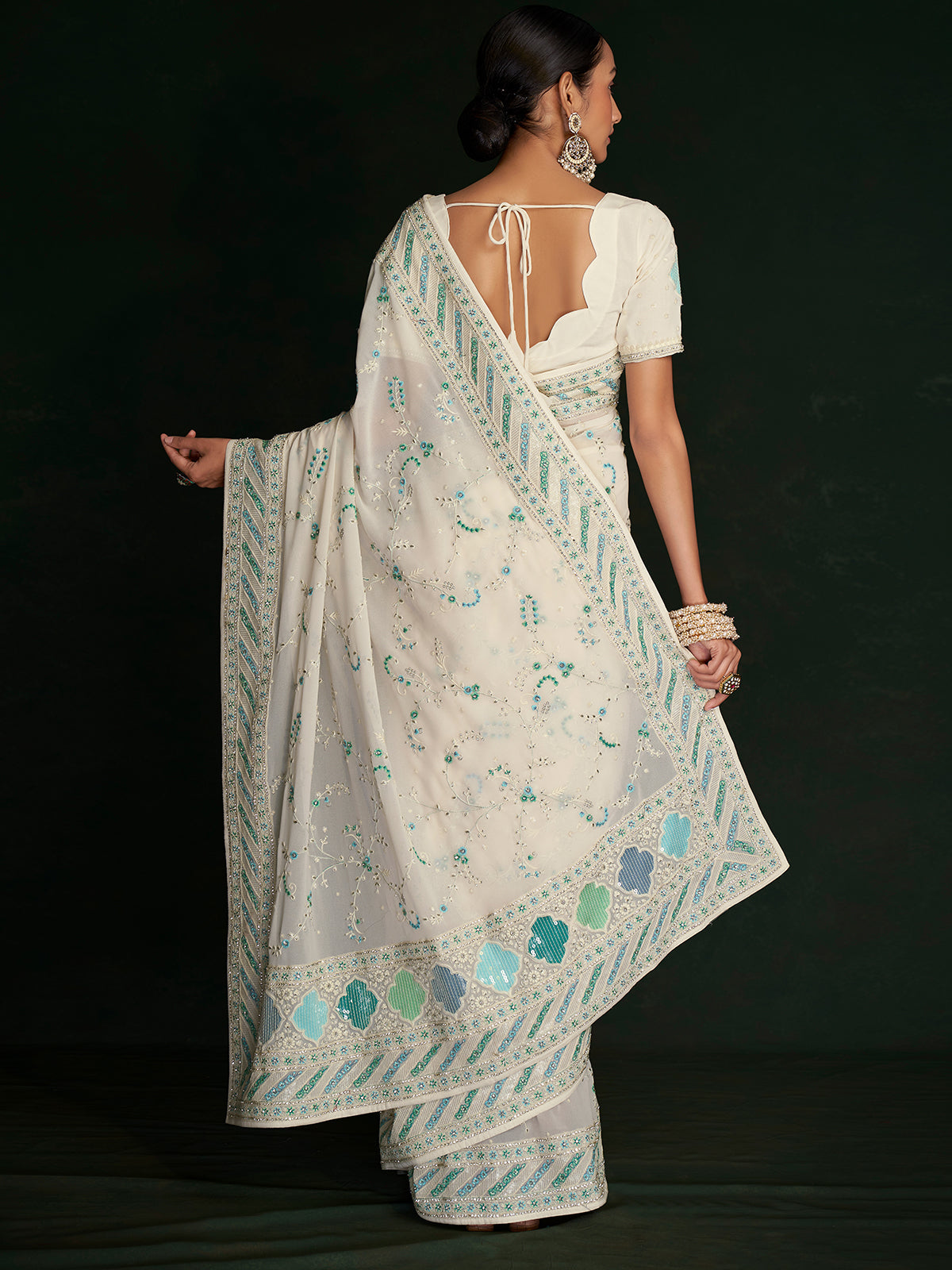 Classic White Georgette Embroidered Saree With Unstitched Blouse Clothsvilla