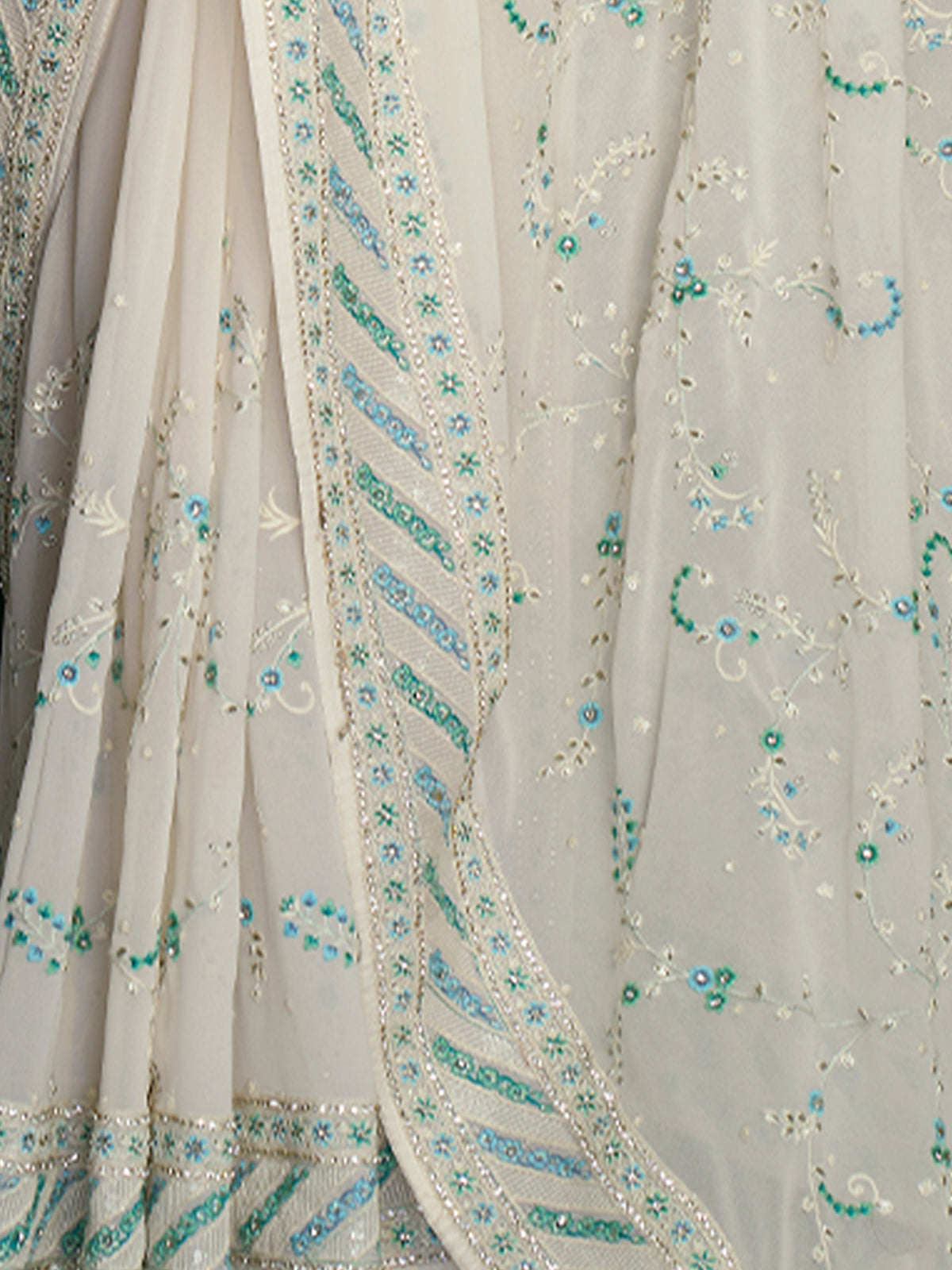 Classic White Georgette Embroidered Saree With Unstitched Blouse Clothsvilla