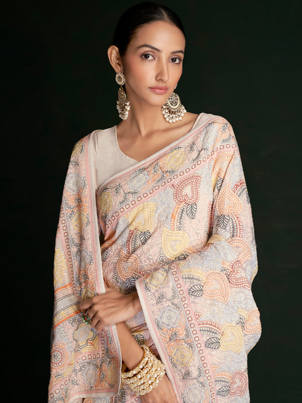 Designer Multicolor Georgette Embroidered Saree With Unstitched Blouse Clothsvilla
