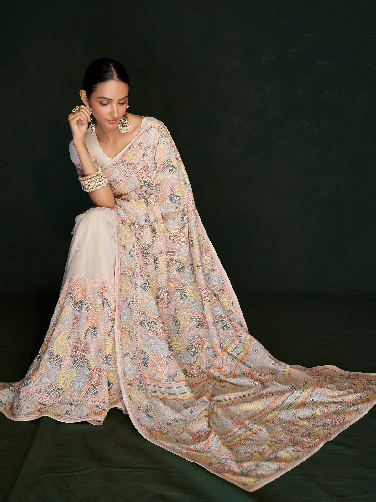 Designer Multicolor Georgette Embroidered Saree With Unstitched Blouse Clothsvilla