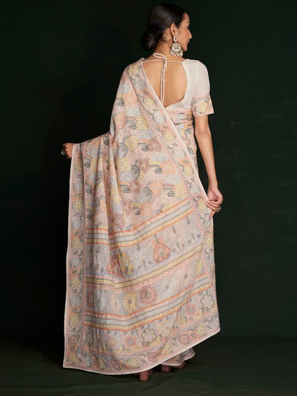 Designer Multicolor Georgette Embroidered Saree With Unstitched Blouse Clothsvilla