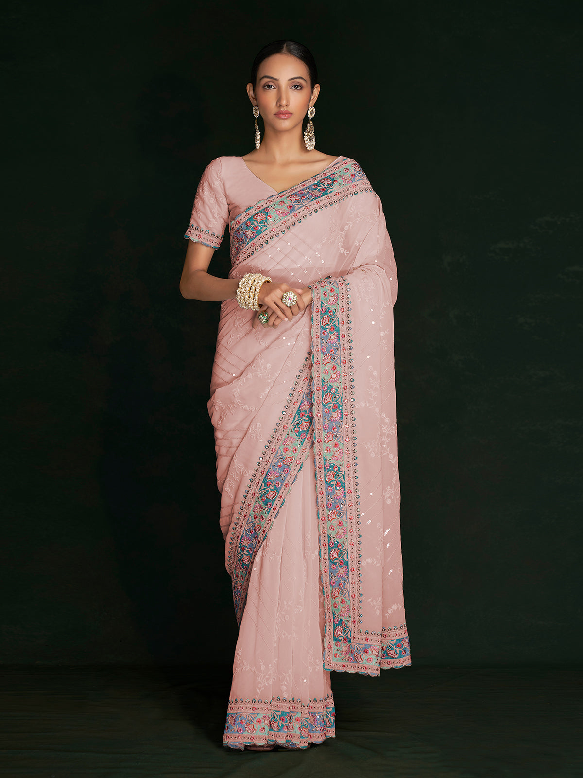 Beautiful Pink Georgette Embroidered Saree With Unstitched Blouse Clothsvilla Main image