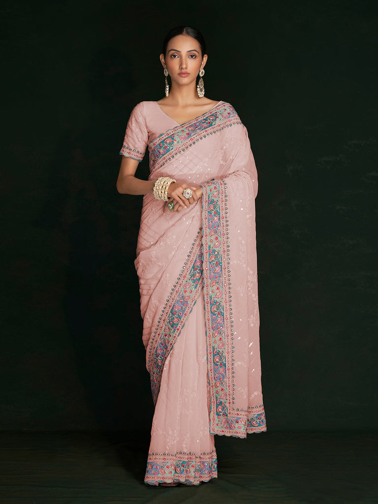 Beautiful Pink Georgette Embroidered Saree With Unstitched Blouse Clothsvilla