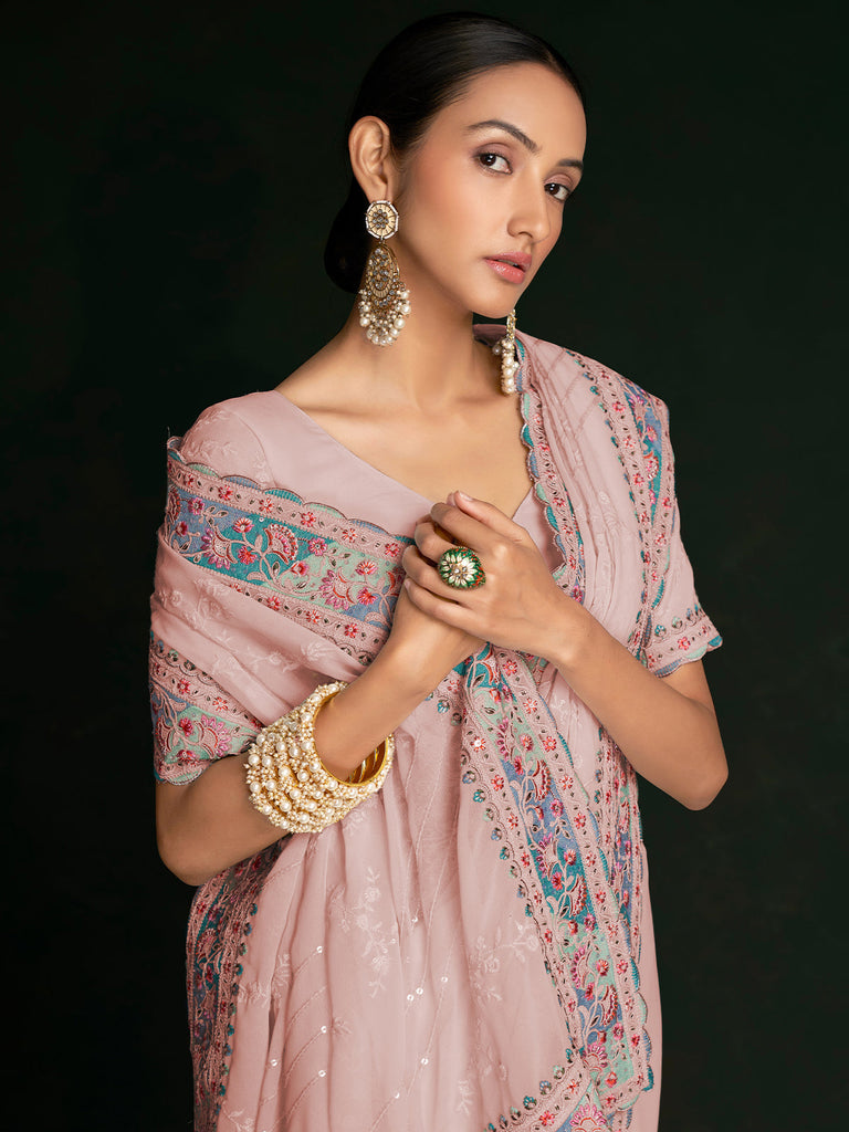 Beautiful Pink Georgette Embroidered Saree With Unstitched Blouse Clothsvilla