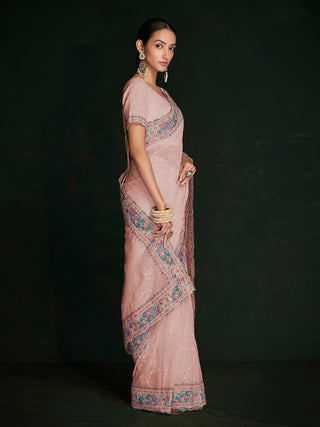 Beautiful Pink Georgette Embroidered Saree With Unstitched Blouse Clothsvilla