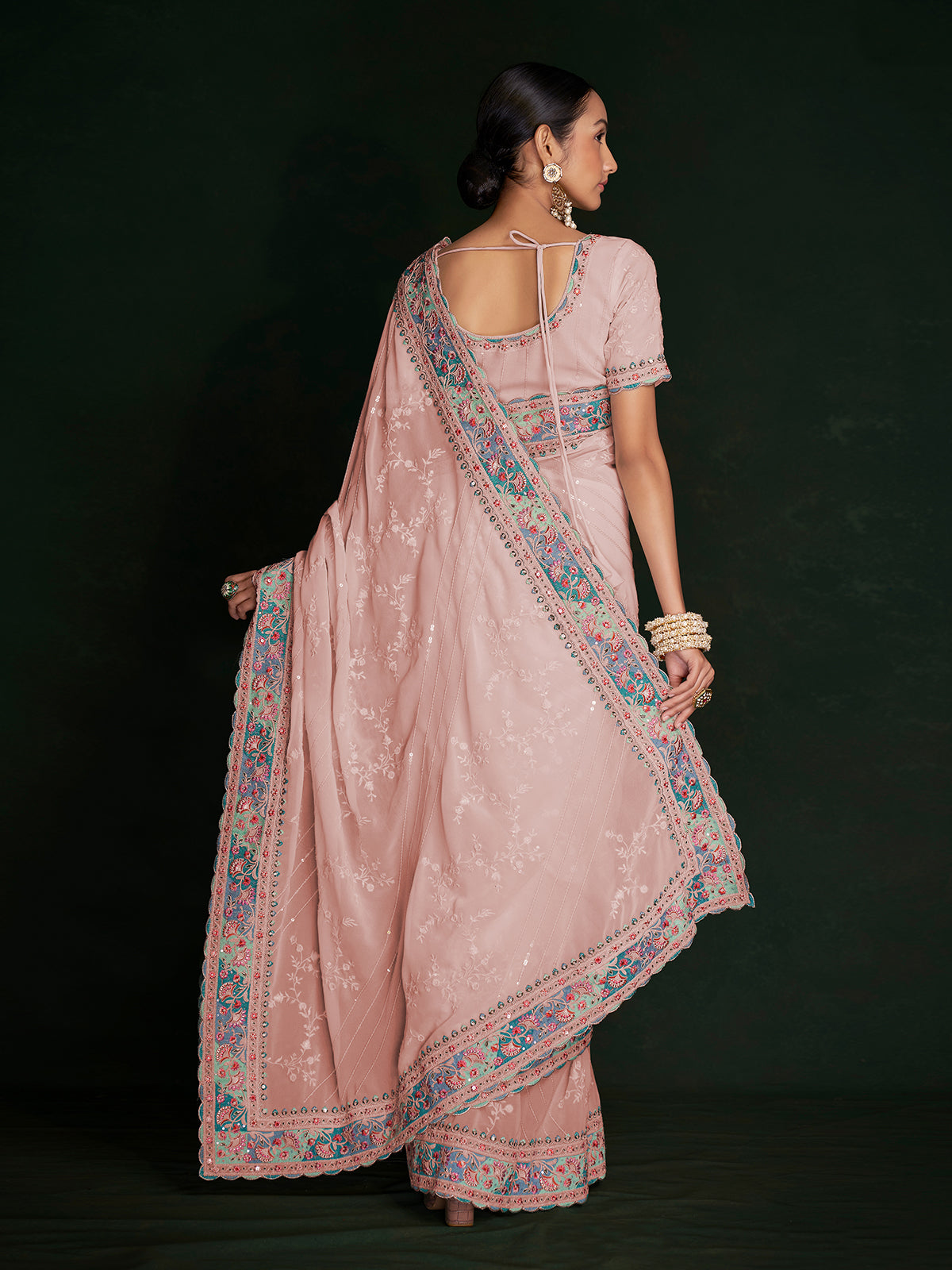 Beautiful Pink Georgette Embroidered Saree With Unstitched Blouse Clothsvilla