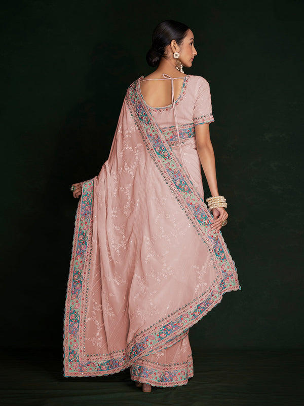 Beautiful Pink Georgette Embroidered Saree With Unstitched Blouse Clothsvilla