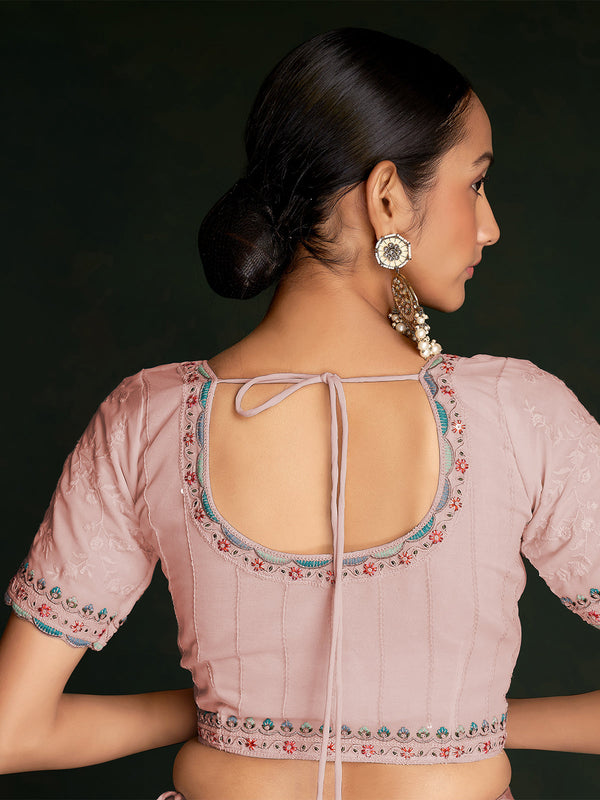 Beautiful Pink Georgette Embroidered Saree With Unstitched Blouse Clothsvilla