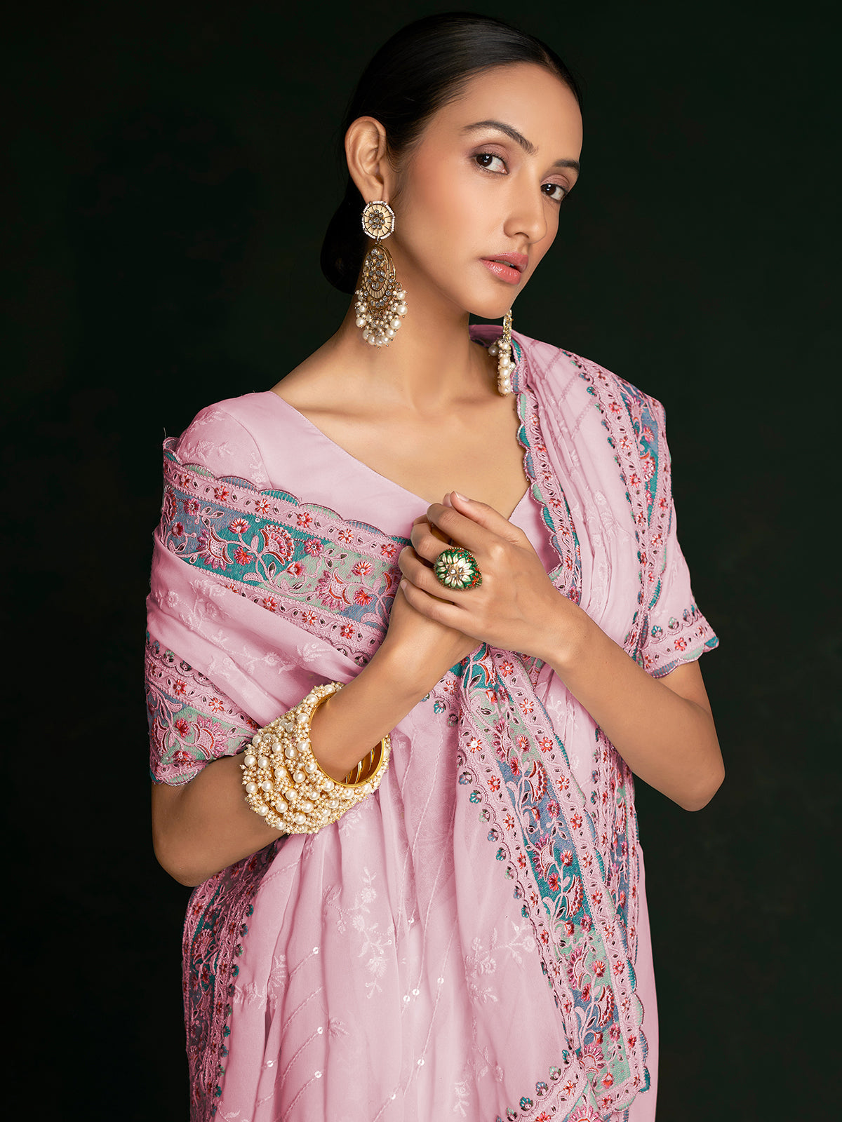 Stylish Pink Georgette Embroidered Saree With Unstitched Blouse Secondary image