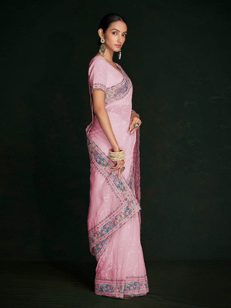 Stylish Pink Georgette Embroidered Saree With Unstitched Blouse Clothsvilla