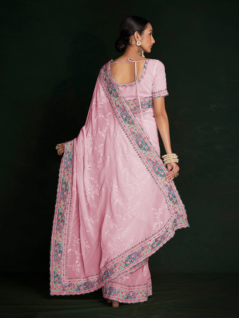 Stylish Pink Georgette Embroidered Saree With Unstitched Blouse Clothsvilla