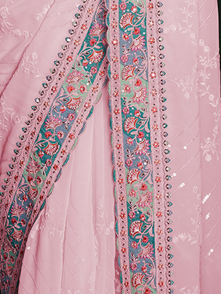 Stylish Pink Georgette Embroidered Saree With Unstitched Blouse Clothsvilla