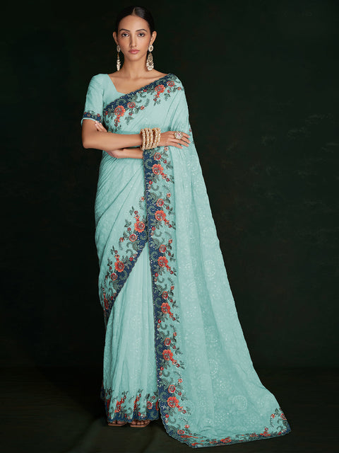Modren Blue Georgette Embroidered Saree With Unstitched Blouse Clothsvilla Main image