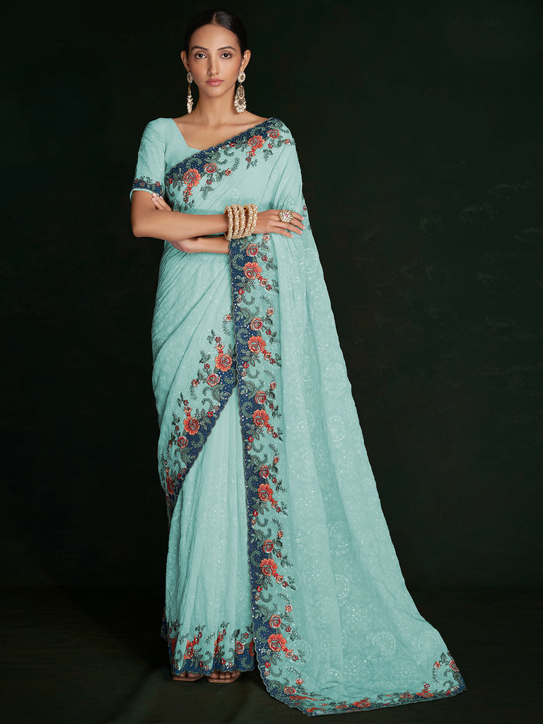 Modren Blue Georgette Embroidered Saree With Unstitched Blouse Clothsvilla