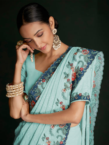 Modren Blue Georgette Embroidered Saree With Unstitched Blouse Clothsvilla