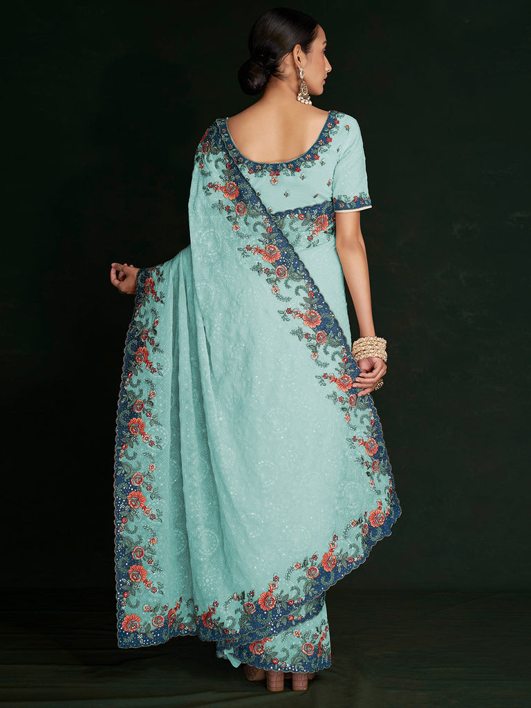 Modren Blue Georgette Embroidered Saree With Unstitched Blouse Clothsvilla