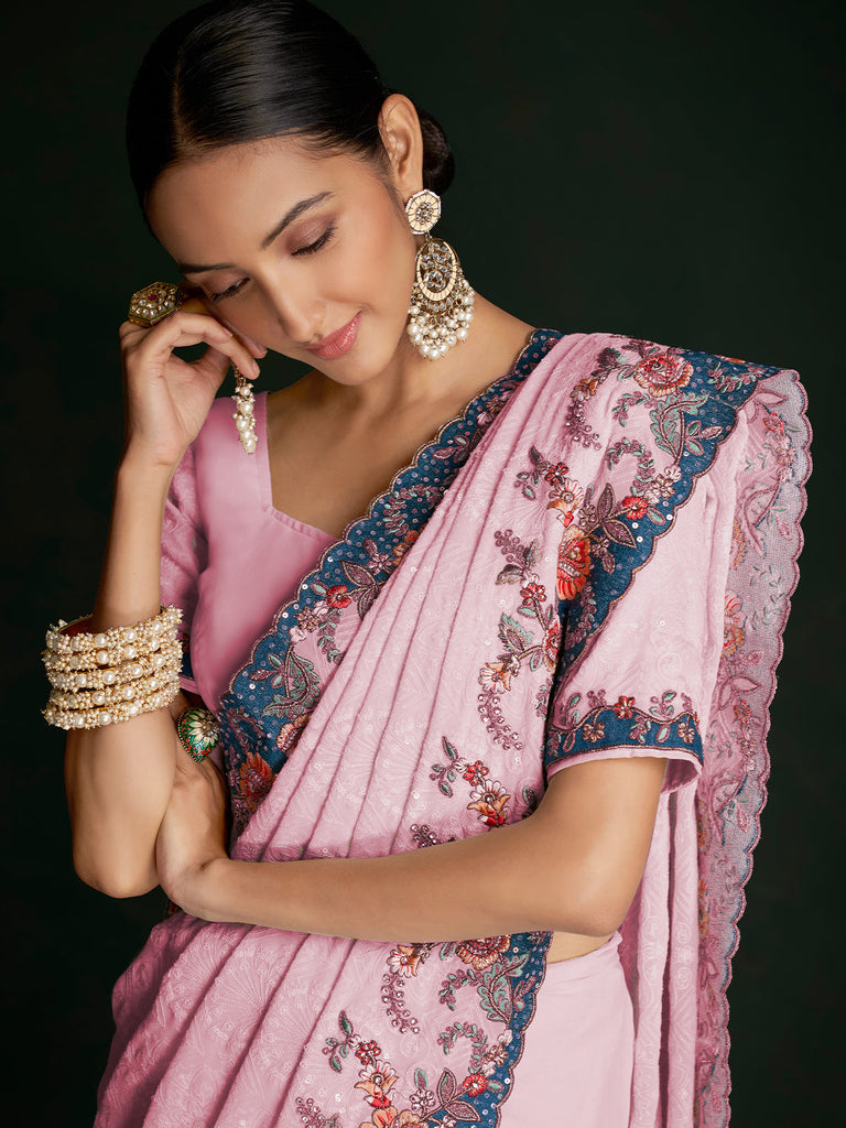 Classic Pink Georgette Embroidered Saree With Unstitched Blouse Clothsvilla