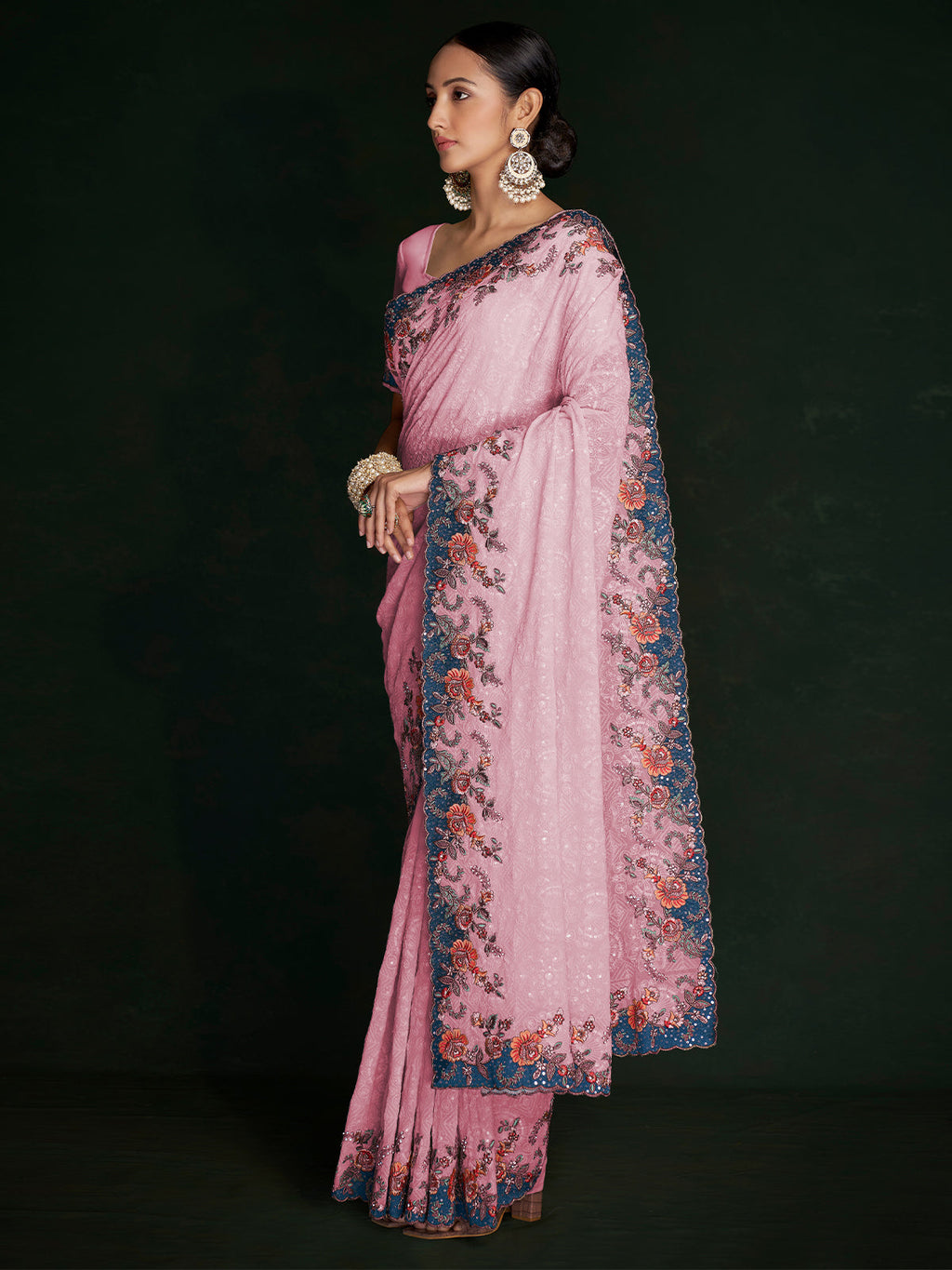 Classic Pink Georgette Embroidered Saree With Unstitched Blouse Clothsvilla