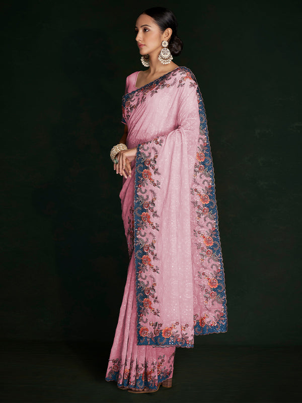Classic Pink Georgette Embroidered Saree With Unstitched Blouse Clothsvilla