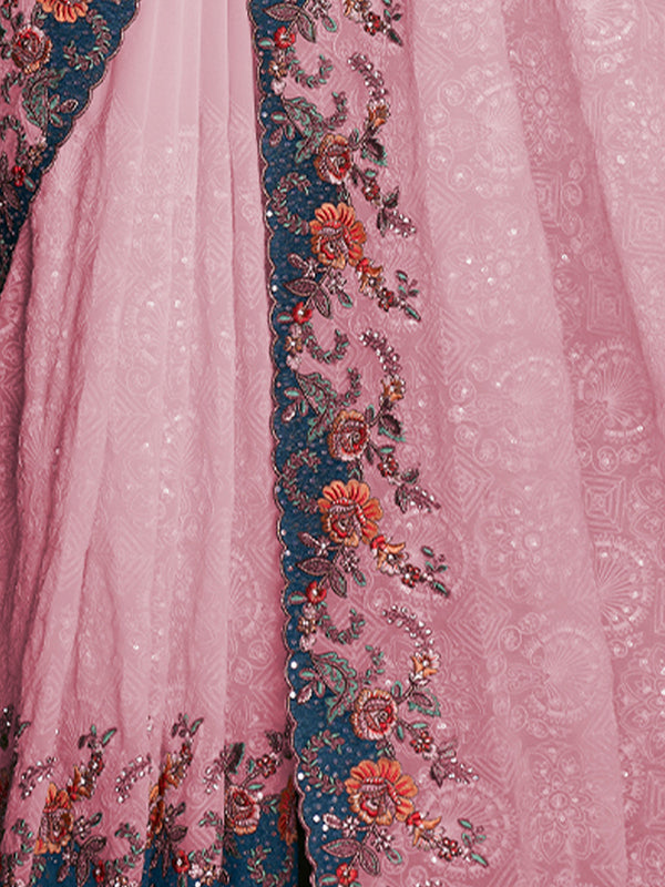 Classic Pink Georgette Embroidered Saree With Unstitched Blouse Clothsvilla