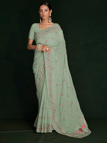 Designer Sea Green Georgette Embroidered Saree With Unstitched Blouse Clothsvilla