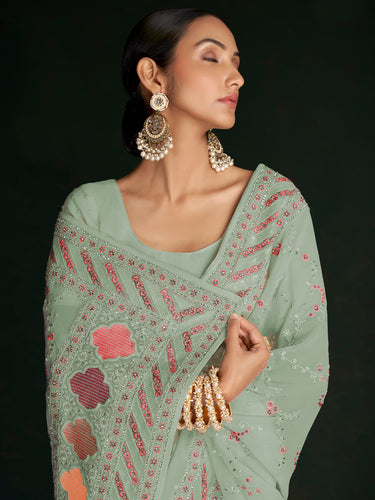 Designer Sea Green Georgette Embroidered Saree With Unstitched Blouse Clothsvilla