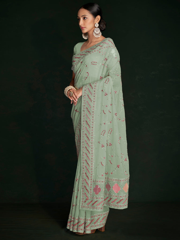 Designer Sea Green Georgette Embroidered Saree With Unstitched Blouse Clothsvilla