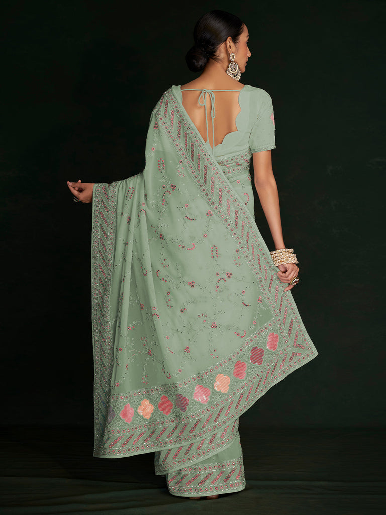 Designer Sea Green Georgette Embroidered Saree With Unstitched Blouse Clothsvilla