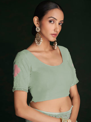 Designer Sea Green Georgette Embroidered Saree With Unstitched Blouse Clothsvilla