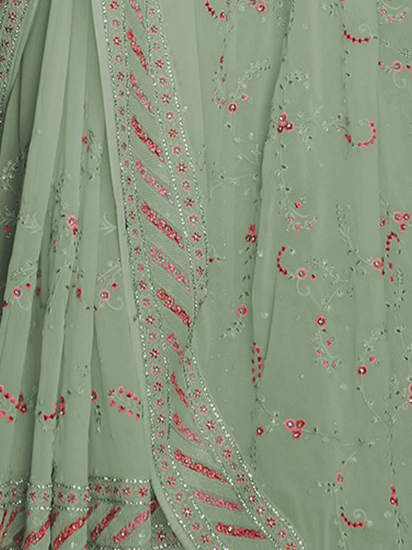 Designer Sea Green Georgette Embroidered Saree With Unstitched Blouse Clothsvilla