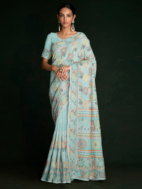 Beautiful Blue Georgette Embroidered Saree With Unstitched Blouse Clothsvilla Main image
