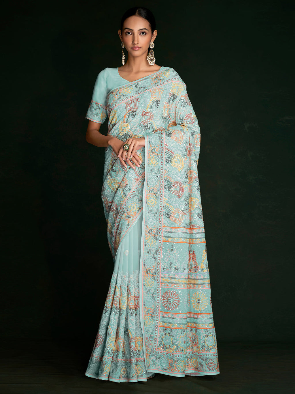 Beautiful Blue Georgette Embroidered Saree With Unstitched Blouse Clothsvilla