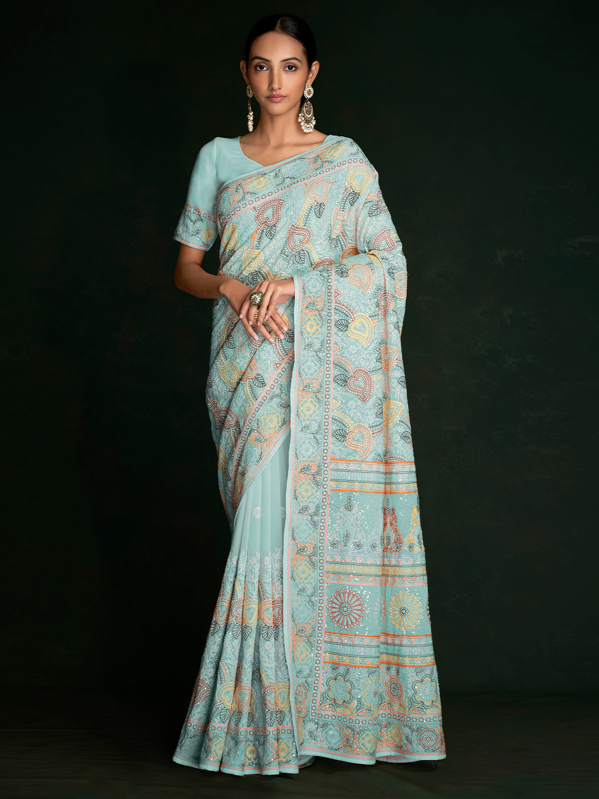 Beautiful Blue Georgette Embroidered Saree With Unstitched Blouse Clothsvilla