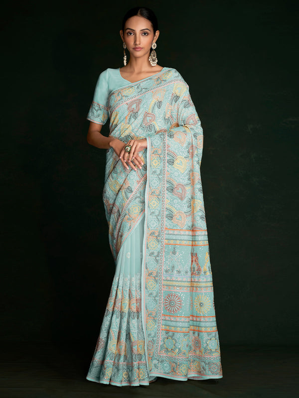 Beautiful Blue Georgette Embroidered Saree With Unstitched Blouse Clothsvilla