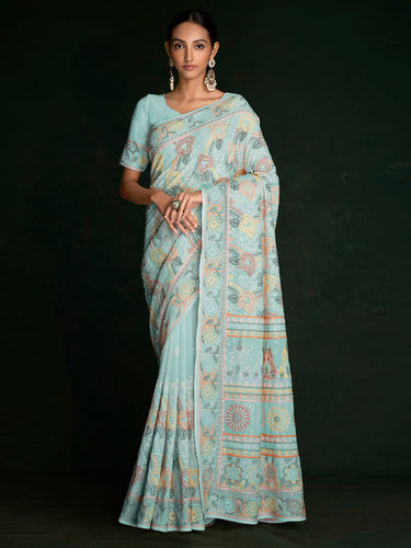 Beautiful Blue Georgette Embroidered Saree With Unstitched Blouse Clothsvilla