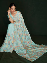 Load image into Gallery viewer, Beautiful Blue Georgette Embroidered Saree With Unstitched Blouse Clothsvilla
