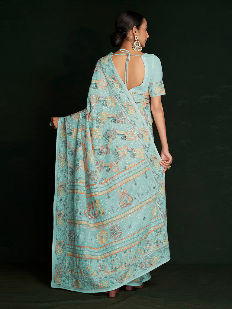 Beautiful Blue Georgette Embroidered Saree With Unstitched Blouse Clothsvilla