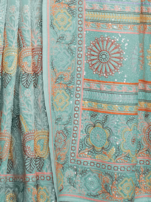 Beautiful Blue Georgette Embroidered Saree With Unstitched Blouse Clothsvilla